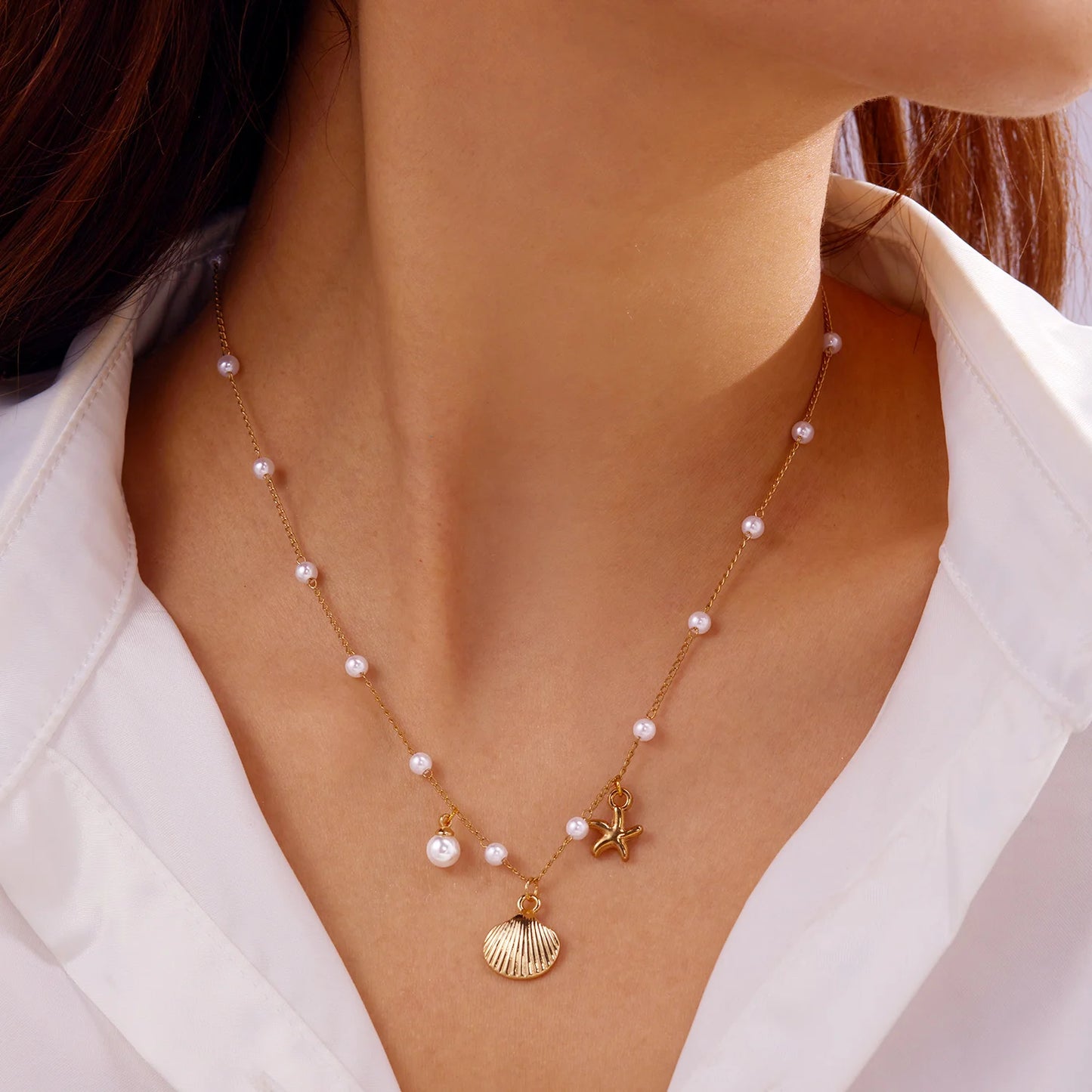 Bohemian Starfish Shell Pendant Necklace For Women Beach Choker Pearl Chains Neck Girls Travel Party Summer Jewelry Gift