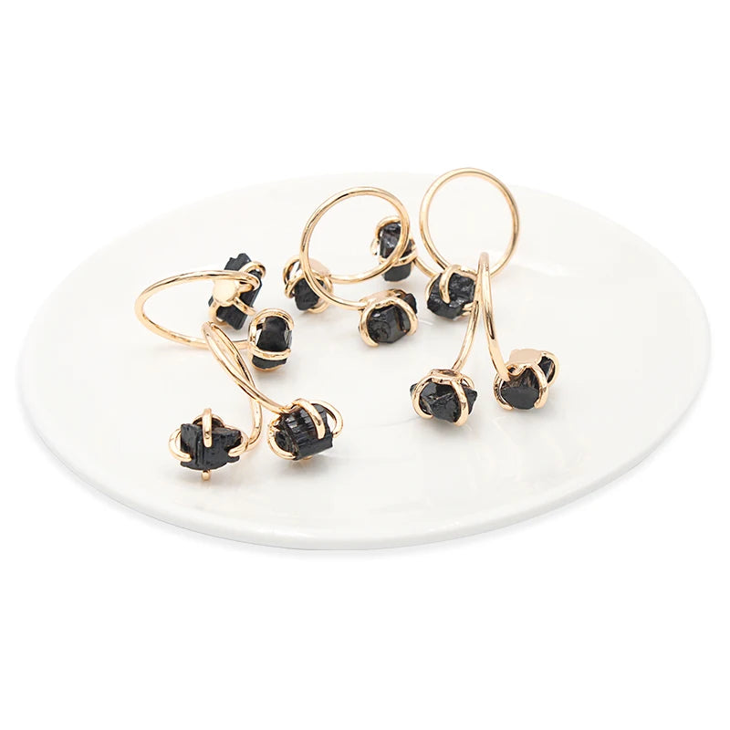 Irregular Black Tourmaline Open Ring for Women Girls Claw Setting Gold-color Boho Rough Natural Stone Finger Jewelry Resizable