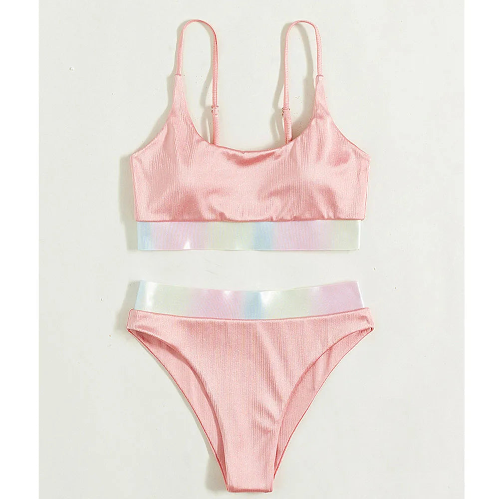 2022 High Waist Bandage Bikini Set For Women Pink Patchwork Bikinis Push Up Deep-V Brazilian Biquini Swimwear Swimsuit Beachwear