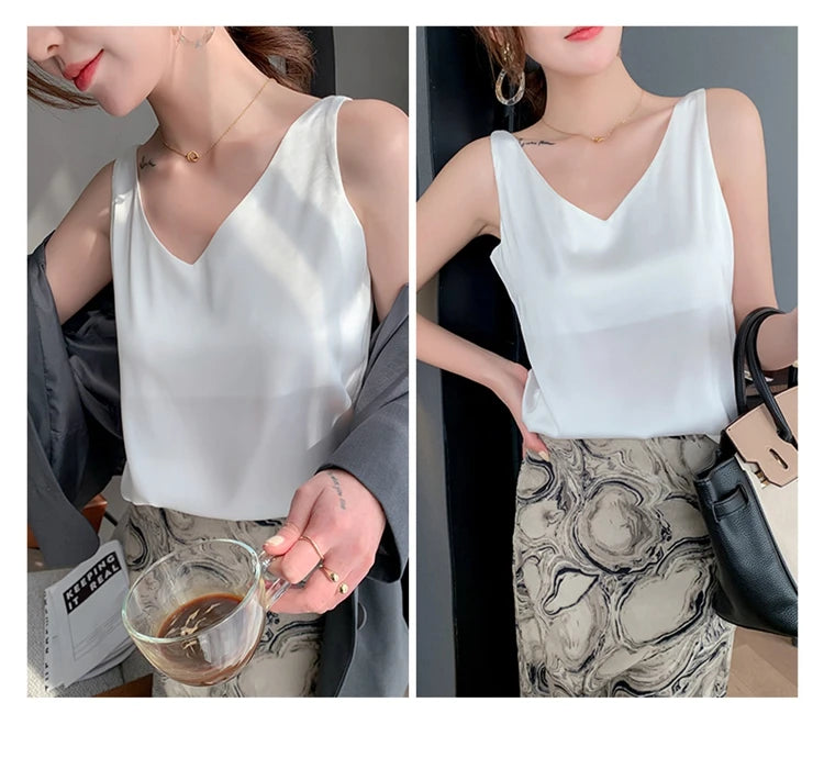 Women's New Four Seasons Inner Wear Silk Suspenders 2022 V-Neck Solid All-Match Satin Vest Soft Loose Thin Lady Sleeveless Tops