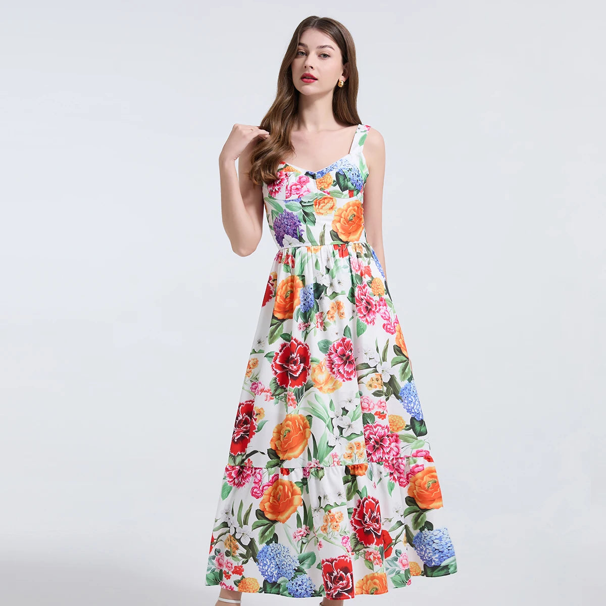 Women Gorgeous Flower Long Dress Swing Sling Dress Spaghetti Straps Floral Backless Dresses Summer Lady Elegant Holiday Outfits