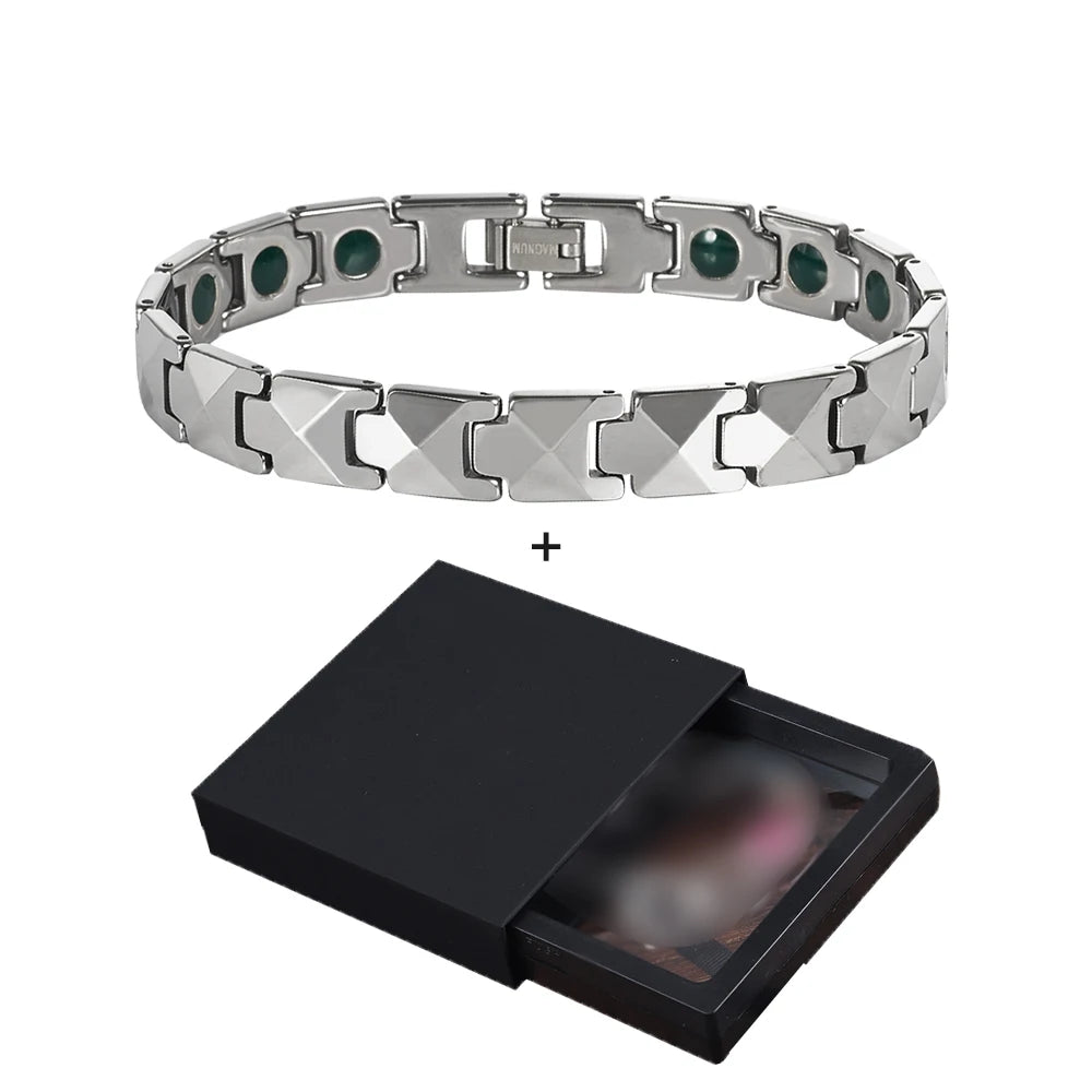 Vinterly Arrow Bracelets Tungsten Carbide Green Tourmaline Health Energy Link Chain Jewelry for Men Waterproof Anti-scratch 21cm