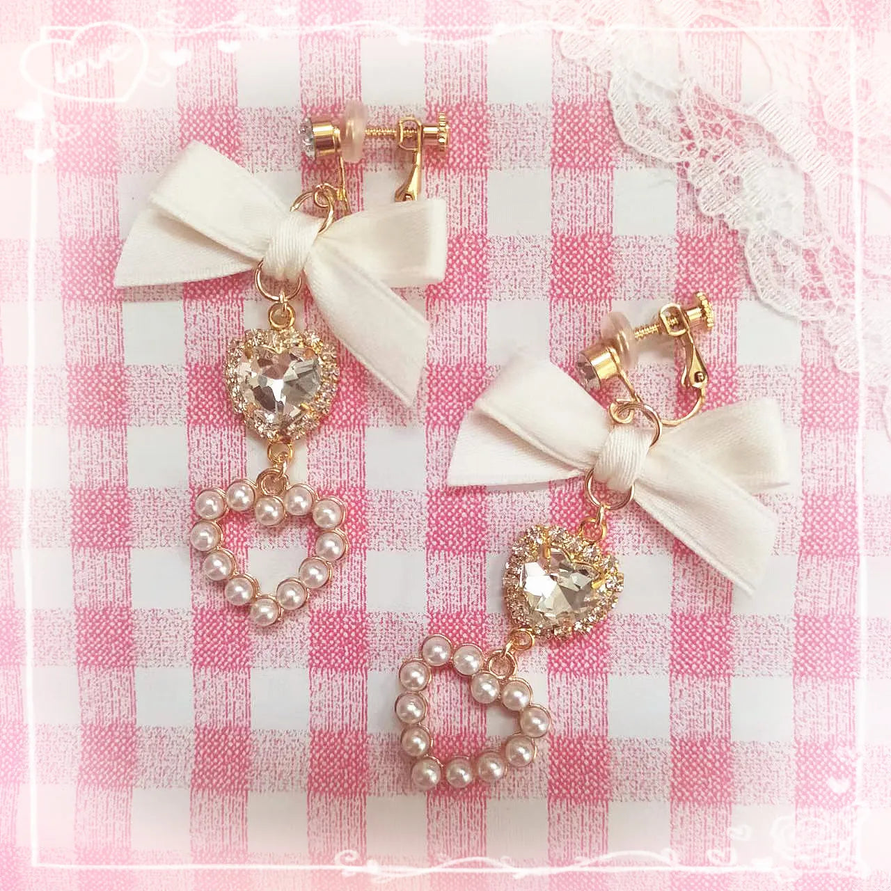 Japanese Style Lolita Sweet Bownot Rhinestone Pearl Heart Shaped Drop Earrings 925 Silver Pin Ear Clip Women Girls Earrings