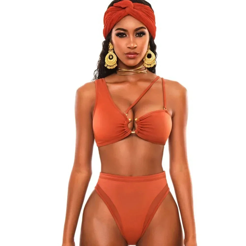 Sexy Bikini Women High Waist Totem Print Hollow Swimwear Swimsuit Female Beach Bikinis Set Bathing Suit Banadores Mujer 2024 New