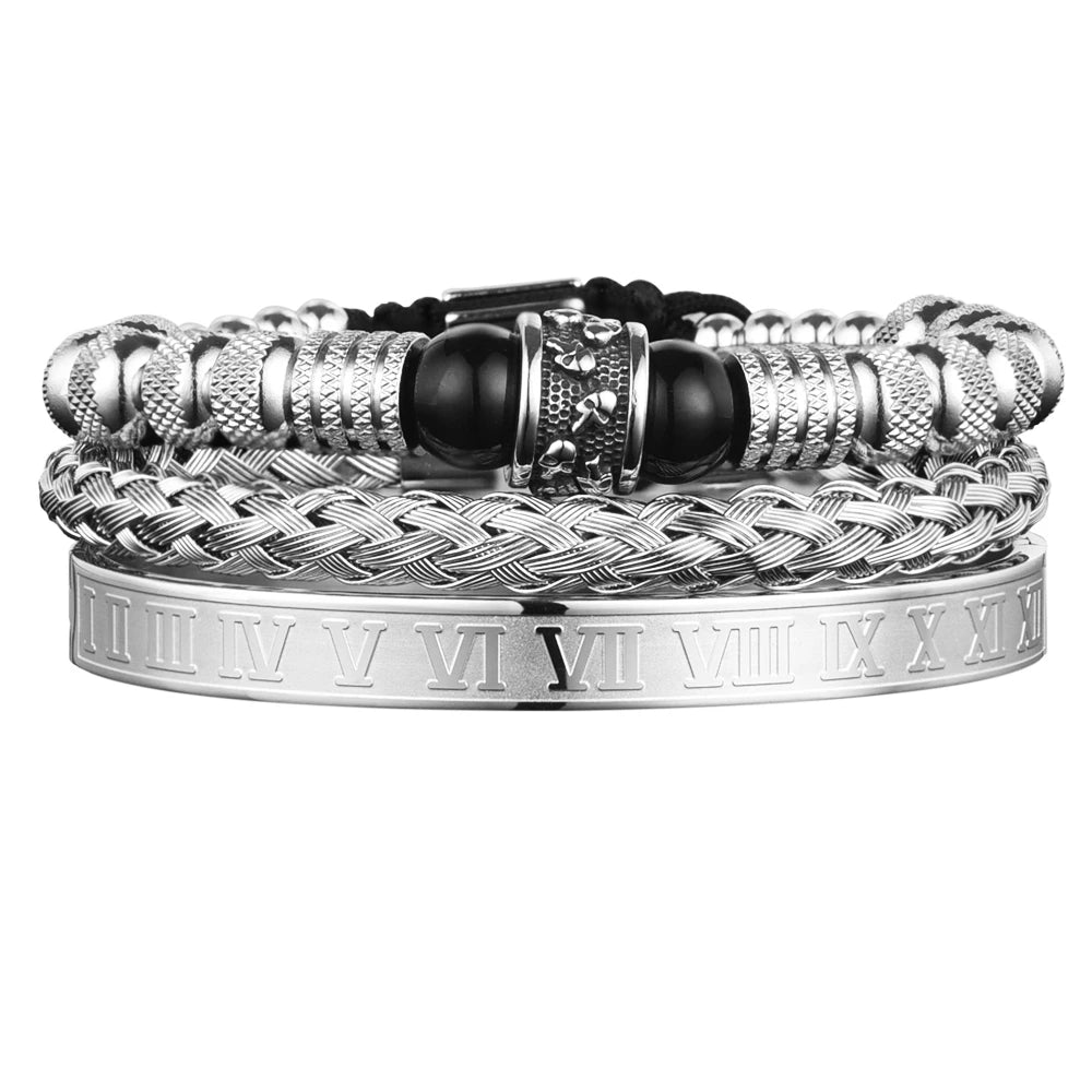 3pcs Set Men Bracelet Stainless Steel Handmade Rope Bangles Men Skull Bracelets with Tigereye Natural Stone Gift Accessories