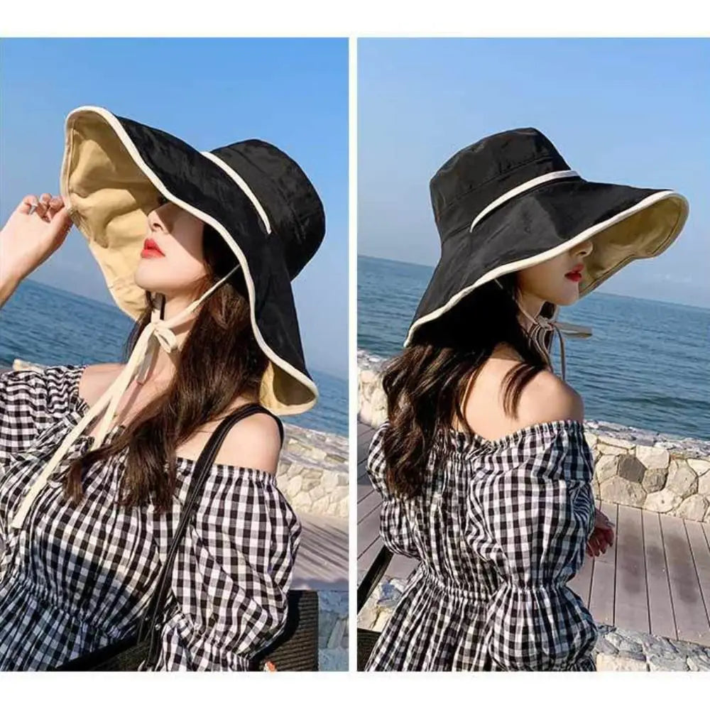 Solid Color Wide Brim Sun Hat Korean Style Anti-UV Sun Protection Hat Fisherman Hat with Neck Rope Women Bucket Hat Ladies