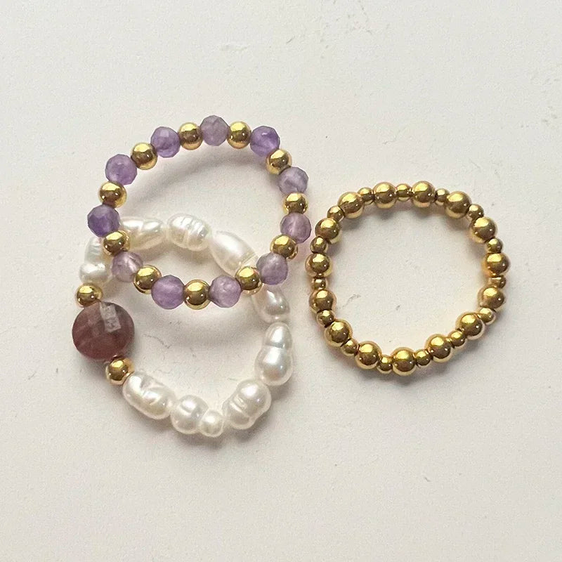 Boho Purple Tourmaline Ring Sets For Wedding Fashion Handmade Jewelry Freshwater Pearl Women Rings Stainless Steel
