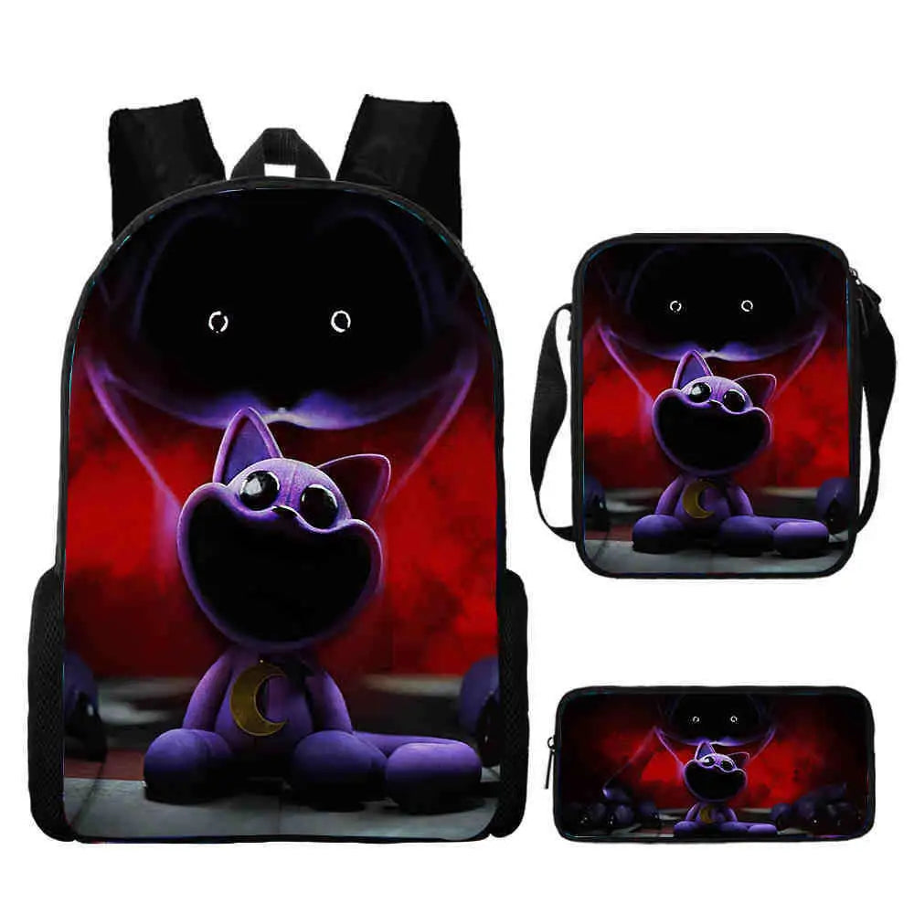 3pcs Set Smiling 3D Critters School Backpack with Pencil Bag Shoulder Bags Large Capacity Cartoon Amine Game Child Backpack