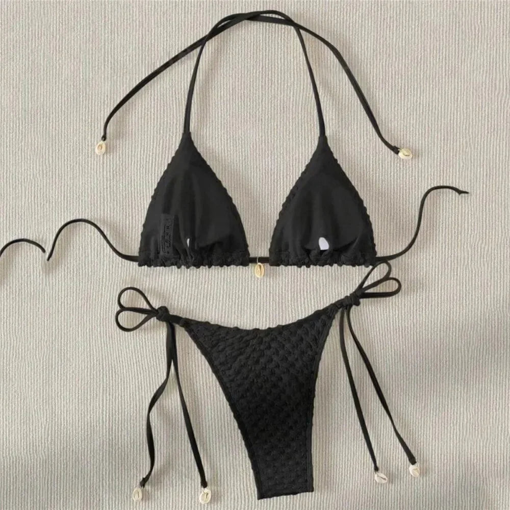 White String Micro Bikini Thong Sexy Swimsuit Women 2025 Shell Decorate Swimwear Bathing Suit Halter Triangle Bikinis Sets Mujer