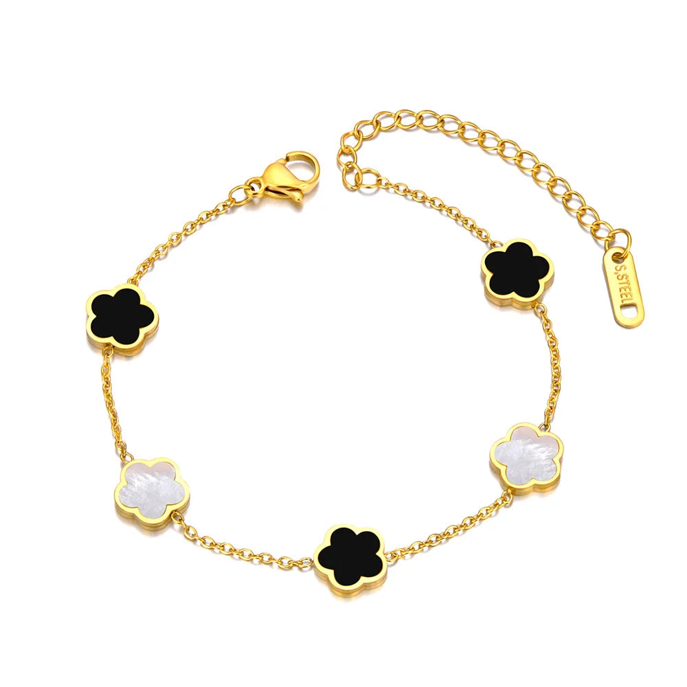 JeeMango Fashion Stainless Steel White Black Green Shell Flower Charm Bracelets For Women Real Gold Plated Chain Jewelry JB23071