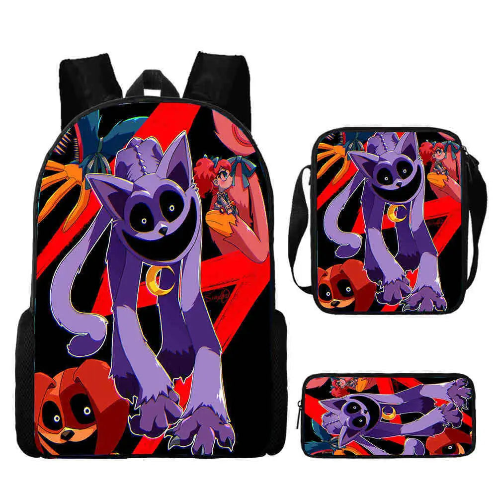 3pcs Set Smiling 3D Critters School Backpack with Pencil Bag Shoulder Bags Large Capacity Cartoon Amine Game Child Backpack