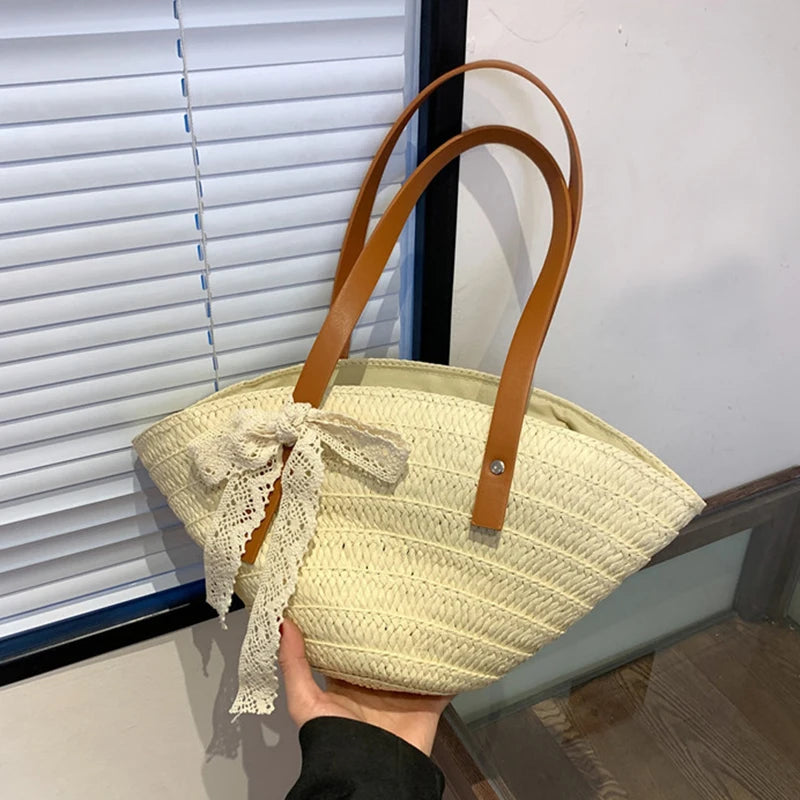 Women Braided Basket Clutches Bag Large Straw Portable Shoulder Bag Summer Beach Purses Shopper Satchel