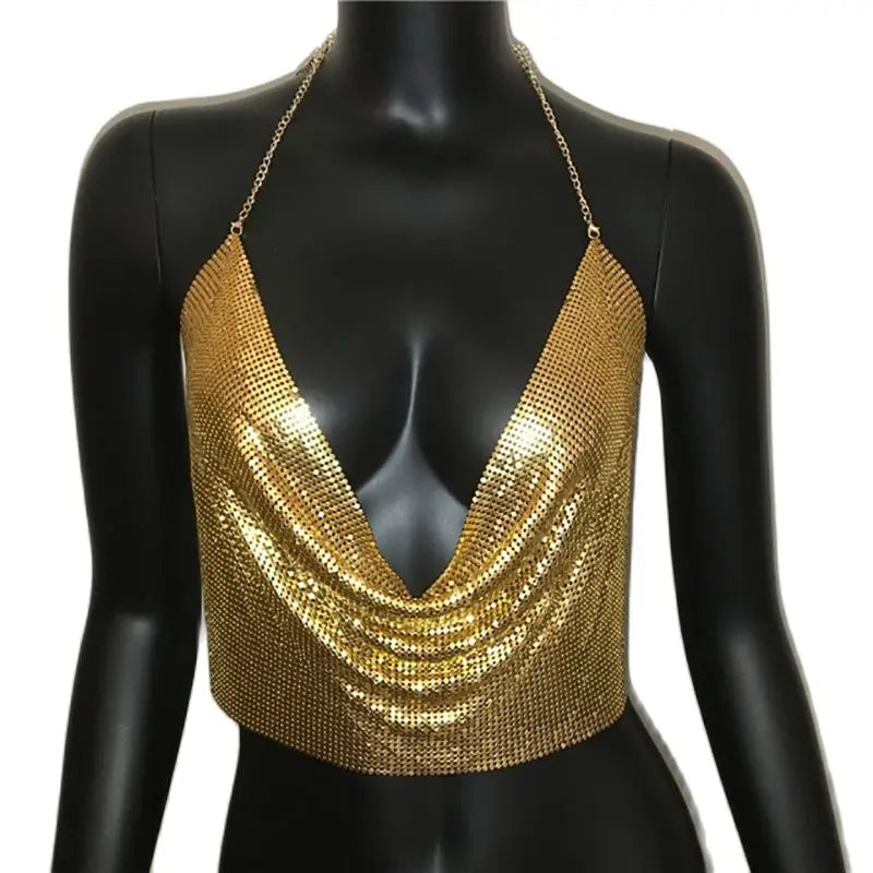 AKYZO Women 2023 Sexy Metal Sequined Tank Camis Summer Gold Silver Backless Cropped Glitter Beach Club Show Wear Tank Tops