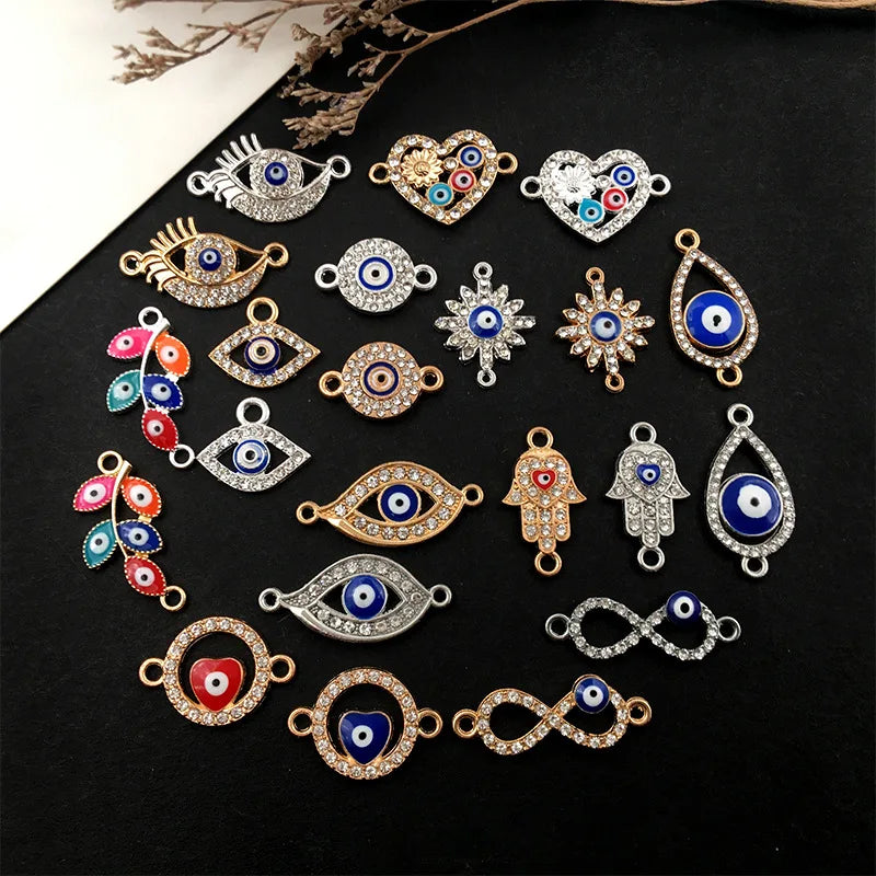 KC 2 Holes Connector Rhinestone Evil Eye Charm For Jewelry Making DIY Bracelet Necklace Bangle Accessories Supplies Wholesale