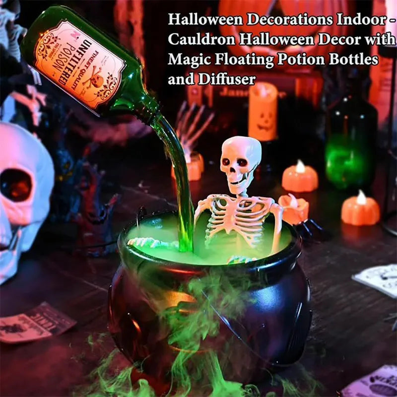 Halloween Witch Cauldron With LED Light & Fog Mist Maker Skeleton Decor for Spooky Hocus Pocus Party, Home, Halloween Party