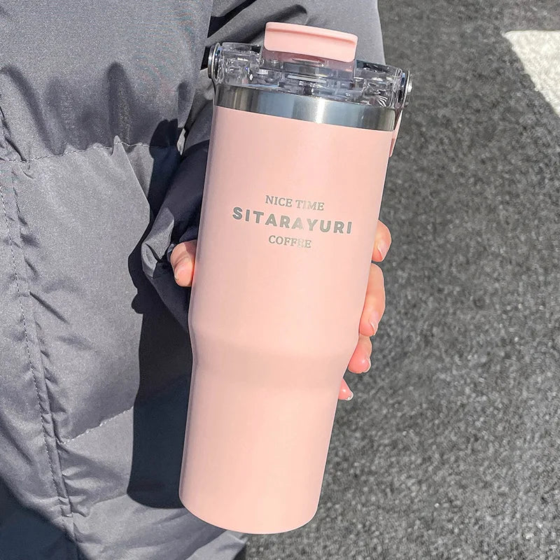 Large Capacity Insulation Cup, 30.43oz Drinking Coffee Water Cup With Straw, Simple Water Bottle