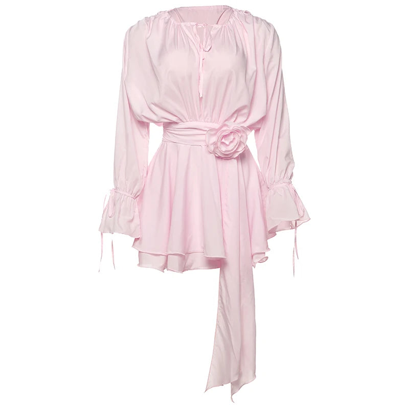 Weird Puss 3D Flower Decoration Dress Women Y2K Sweet Style Flare Sleeve Ruched Ribbon Vacation Fashion Elegant Mini Bodycon