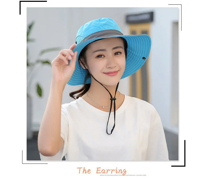 Women Summer Adjustable Bucket Hat with a Ponytail Hole Girls Sun Protection Hiking Cap Parent-child Outdoor Wide Brim Headgear