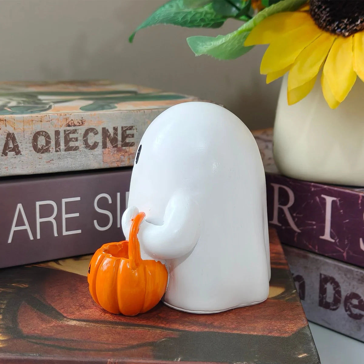 Cute Ghost Figurine with Pumpkin Bag - Luminous Resin Ghost Halloween Statue Desktop Ornament,For Halloween Decoration