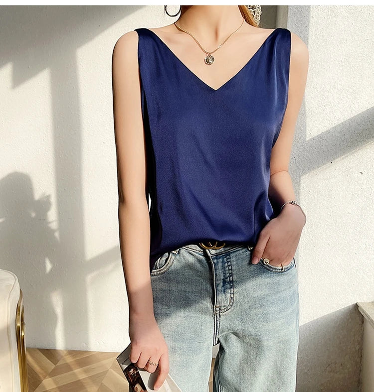 Women's New Four Seasons Inner Wear Silk Suspenders 2022 V-Neck Solid All-Match Satin Vest Soft Loose Thin Lady Sleeveless Tops