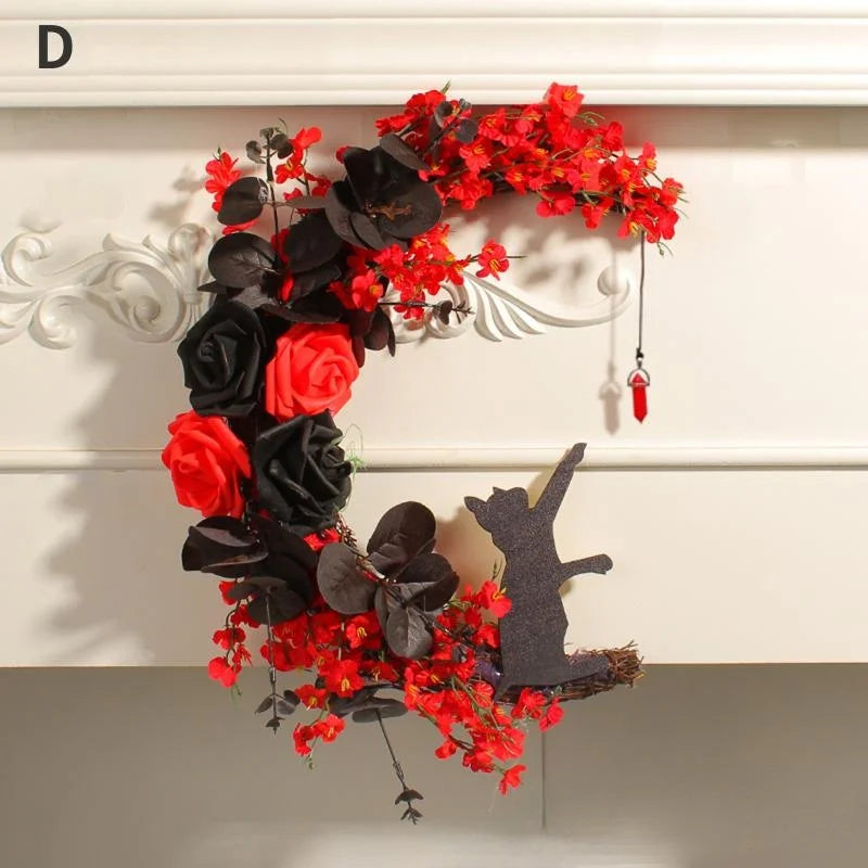 Halloween Moon Cat Garland with Rose Black Decorations Halloween Garland Halloween Wreath for Front Door Halloween Door Decor