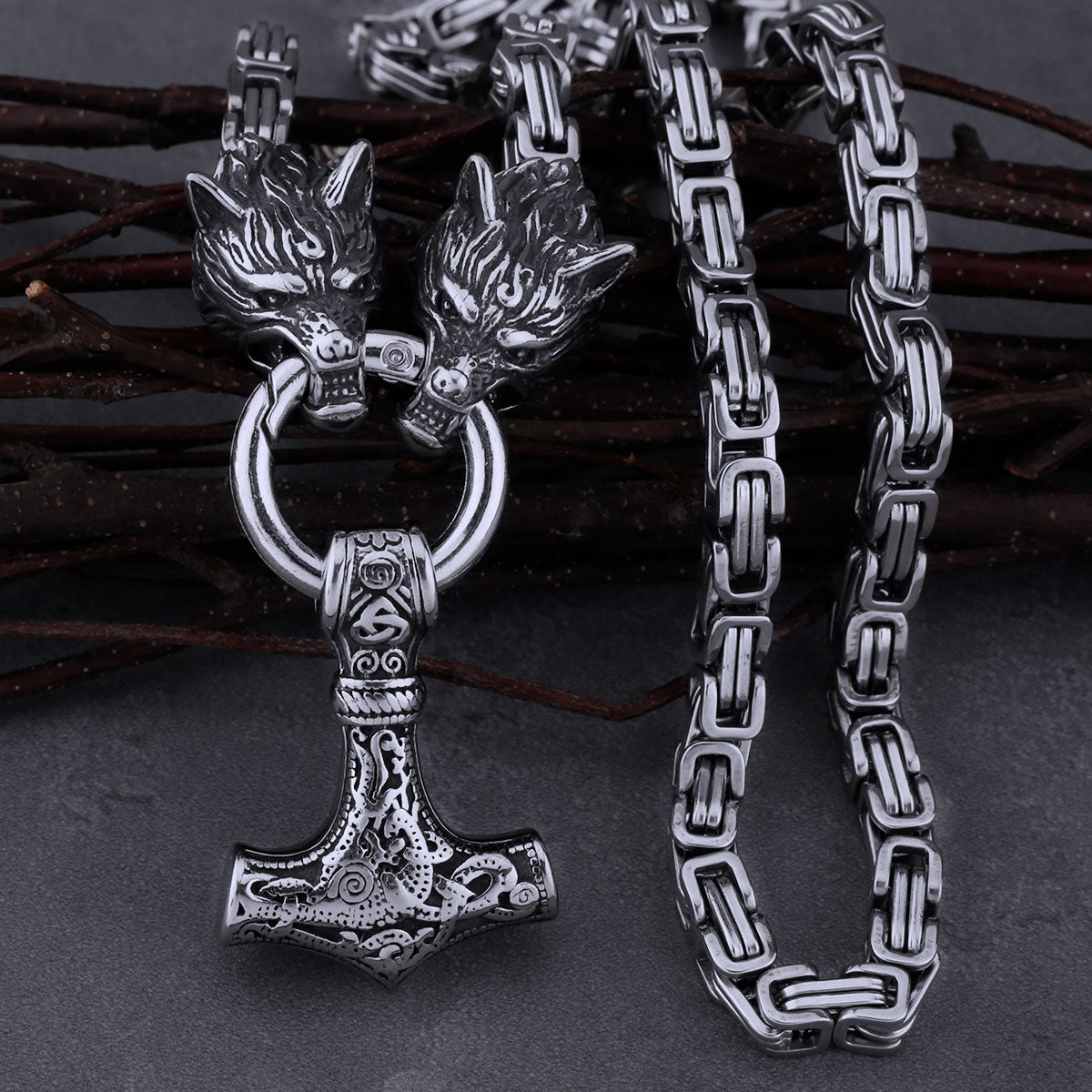 Men's Stainless Steel Viking Celtic Wolf Amulet Thor's Hammer Necklace Set Retro Trend Jewelry Accessories Gift