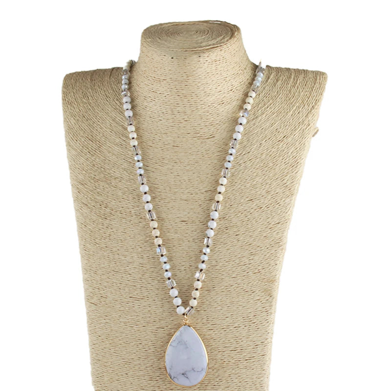 Fashion Bohemian Jewelry Accessory 6mm Stone/Glass Knotted Stone Drop Pendant Necklaces Women Beaded Necklace