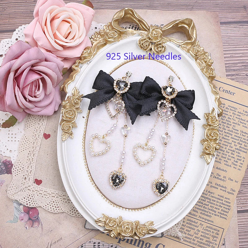 Cute Sweet Women's Bow Rhinestone Ear Clips Love Pendant Ornament Long Style Earrings S925 Needles Pearl Earrings for Y2K Girl