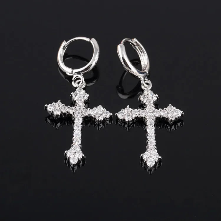 New Trendy Punk Zircon Crystal Cross Earring for Women Men Goth Hip Hop Piercing Black Hoop Earrings Fashion Party Jewelry Gifts