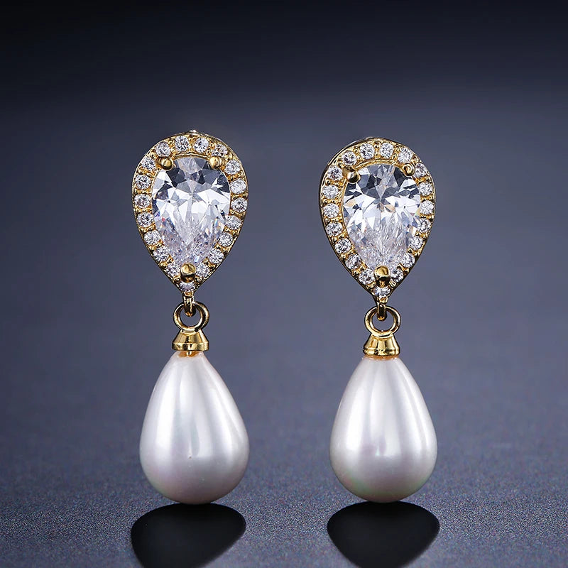 ZAKOL Fashion Imitation Pearl Dangle Earrings Luxury Jewelry for Women AAA Water Drop Cubic Zirconia Wedding Earring