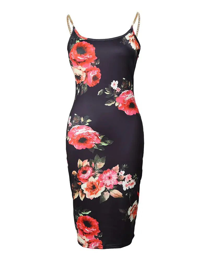 Summer New Women Floral Print Dress Chain Decor Bodycon Dress Elegant Spaghetti Strap Sexy Tight Dress