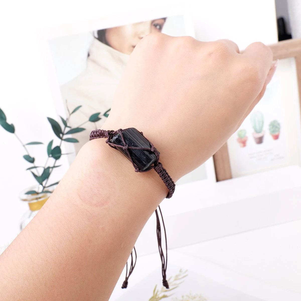 1PC Natural Crystal Black Tourmaline Post Bracelet Adjustable Men Women Wearing Decorative Healing Gift