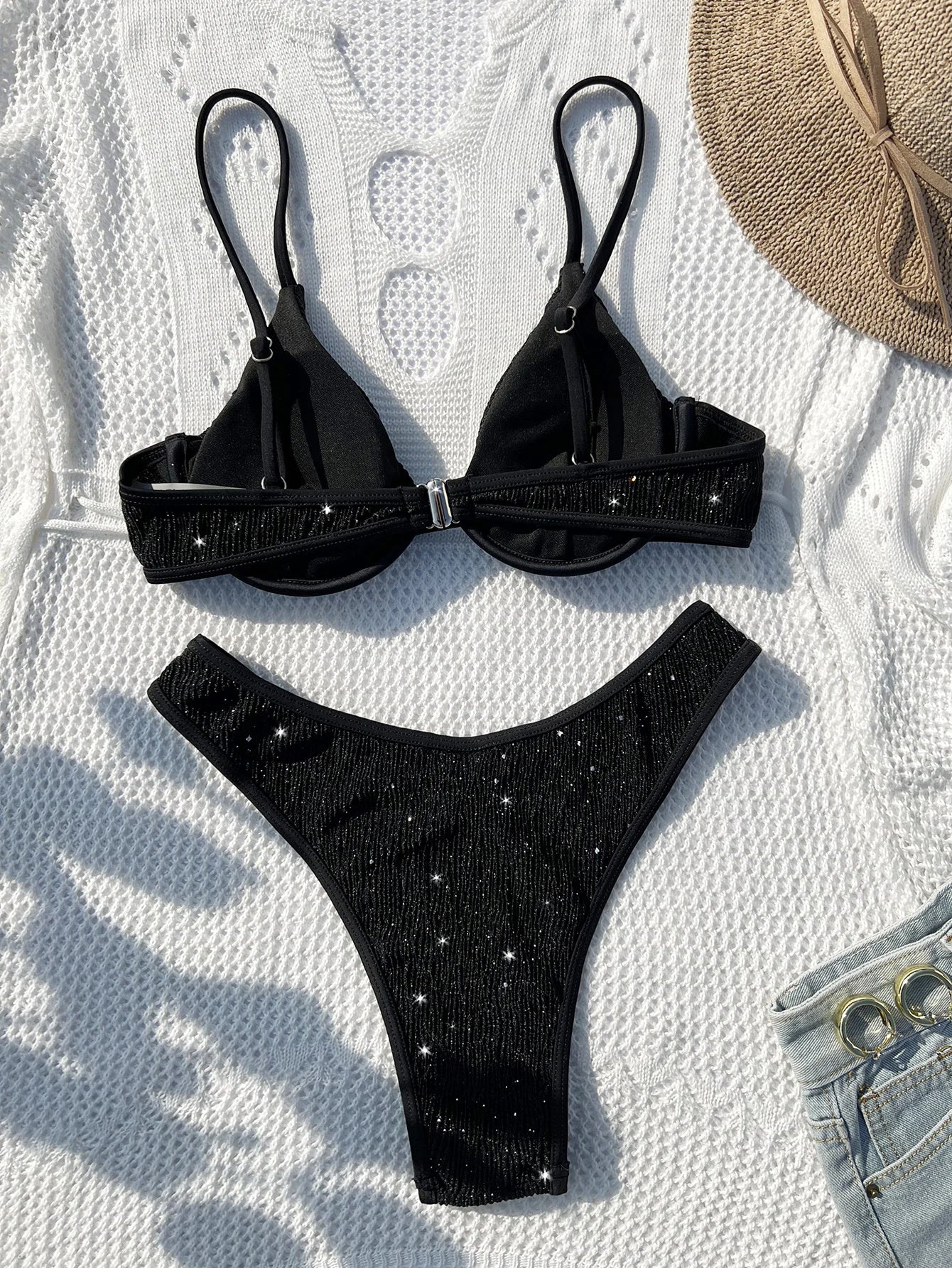 Swimsuit Women 2024 Black Shiny Bikini Sexy High Waist 2 Piece Swimwear Steel Support Female V-neck Beach Bathing Suit YX1378X