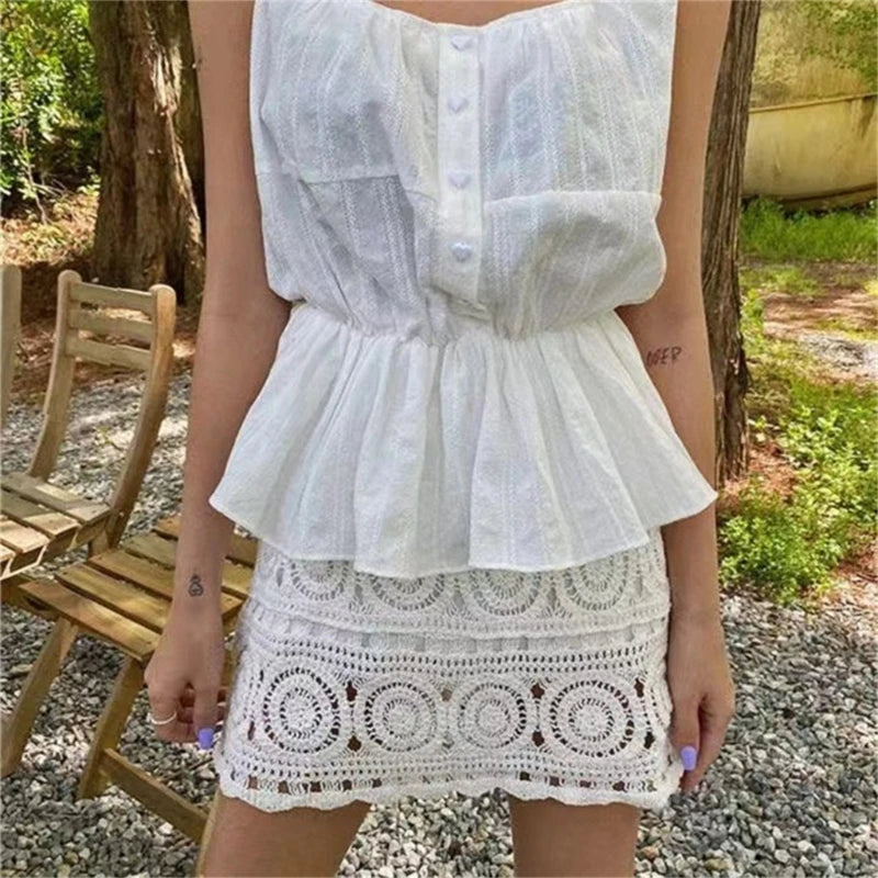 Women Hollow Out Crochet Knit Mini Skirt Lady Summer Boho Geometric Pattern High Waisted Beach Vacation A-Line Skirt with Lining