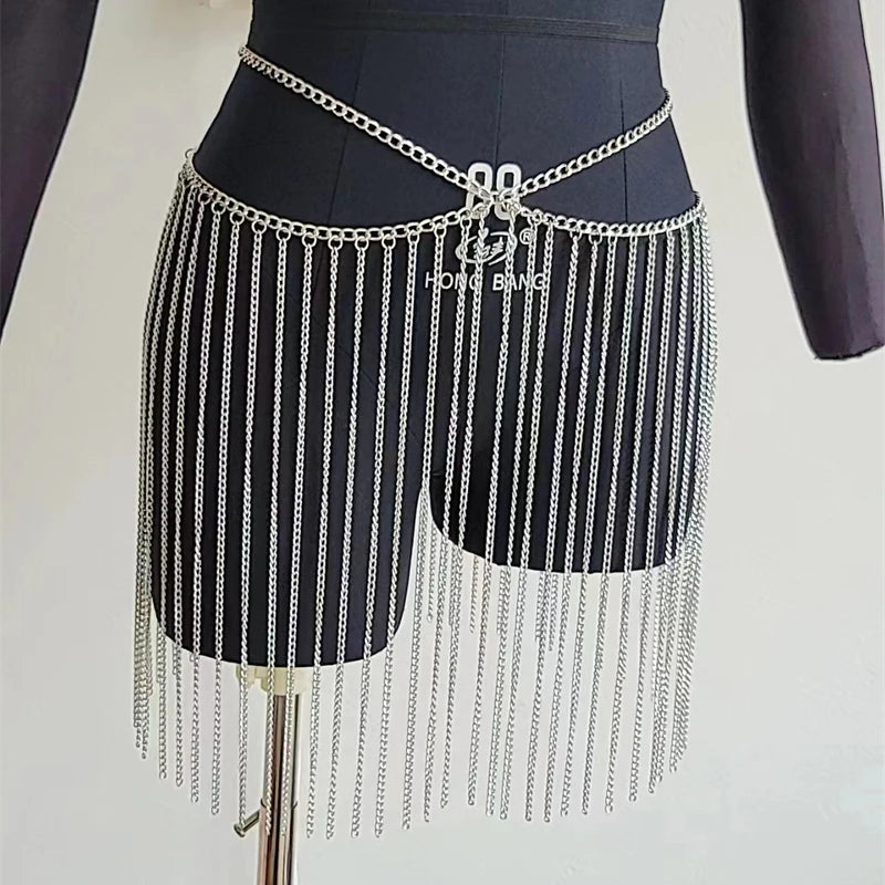 Women's Y2K Summer Mini Skirt with Metal Sequins Glitter Rhinestone Tassel Waist Chain for Festival Rave Nightclub