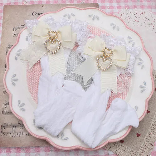 Handmade Sweet Lolita Bow Pearl Heart Pendant Lace Mid-Calf Socks Japanese Style Cotton Lace Socks Girls Women