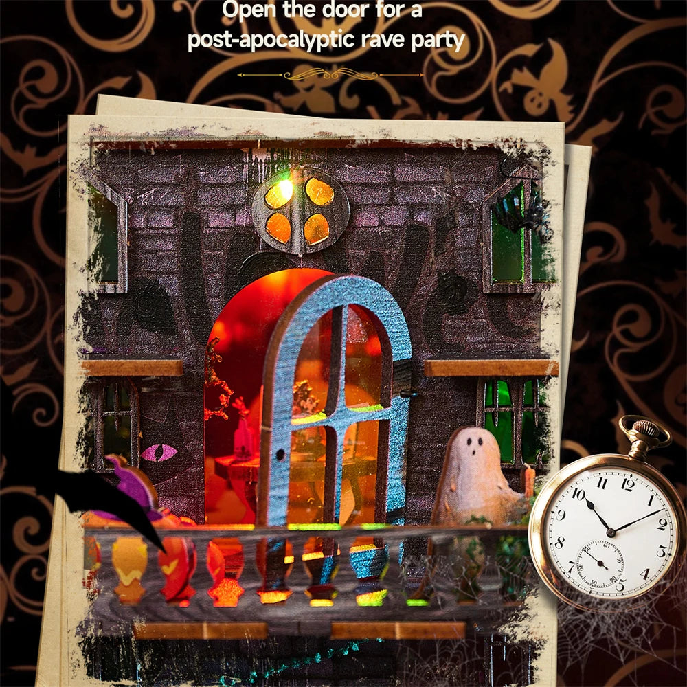 Retro DIY Wooden Halloween Night House Figurines Miniatures Kits With LED Lights Home Desk Decoration For Adult Handmade Gifts