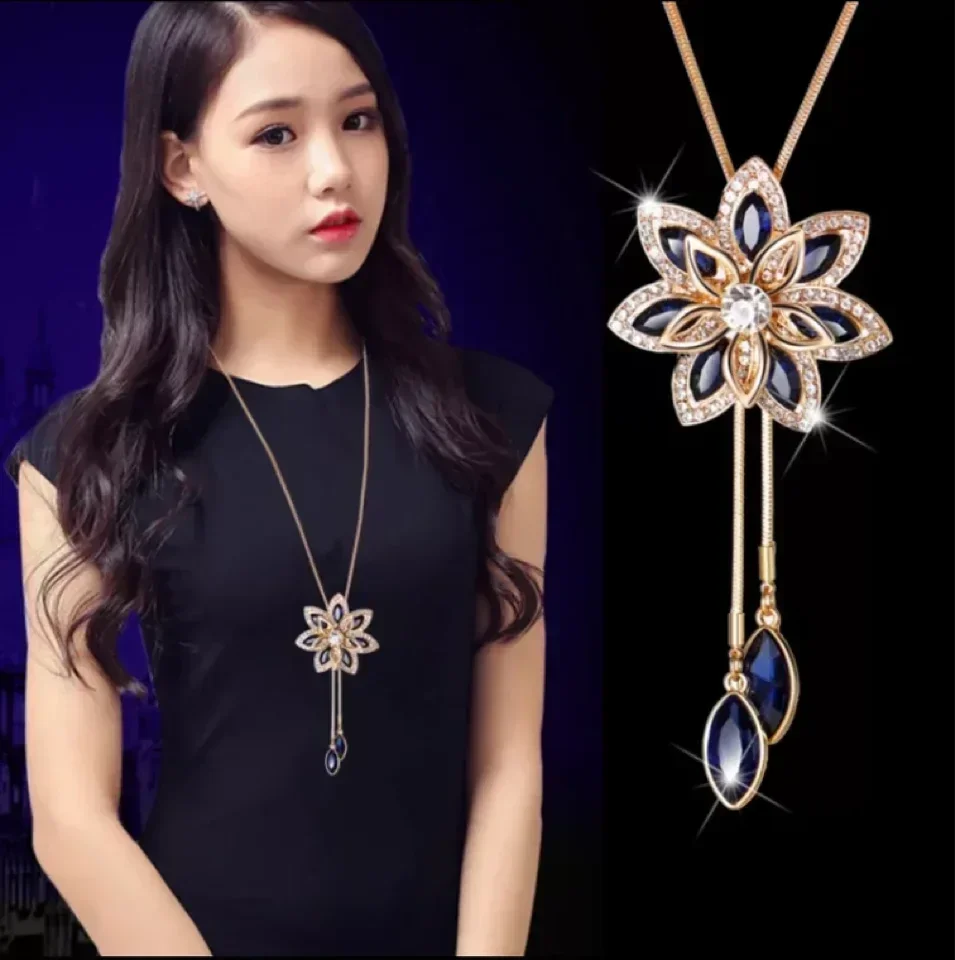 2024 Flower Long Necklaces for Women Fashion Crystal Choker Collier Femme Statement Necklaces&Pendants Accessories