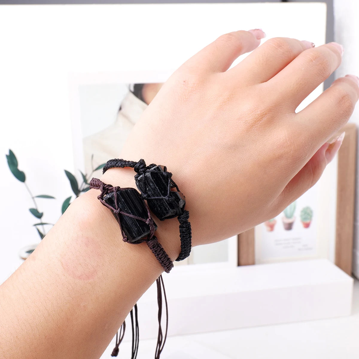 1PC Natural Crystal Black Tourmaline Post Bracelet Adjustable Men Women Wearing Decorative Healing Gift