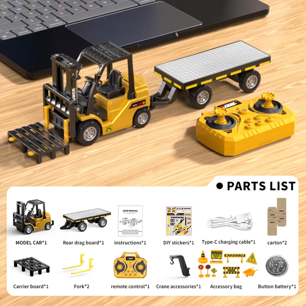 1:64 Bluetooth Remote Control Crane And Forklift two-in-one Desktop Mini Alloy Toy Car With Trailer Christmas Gift In Color Box