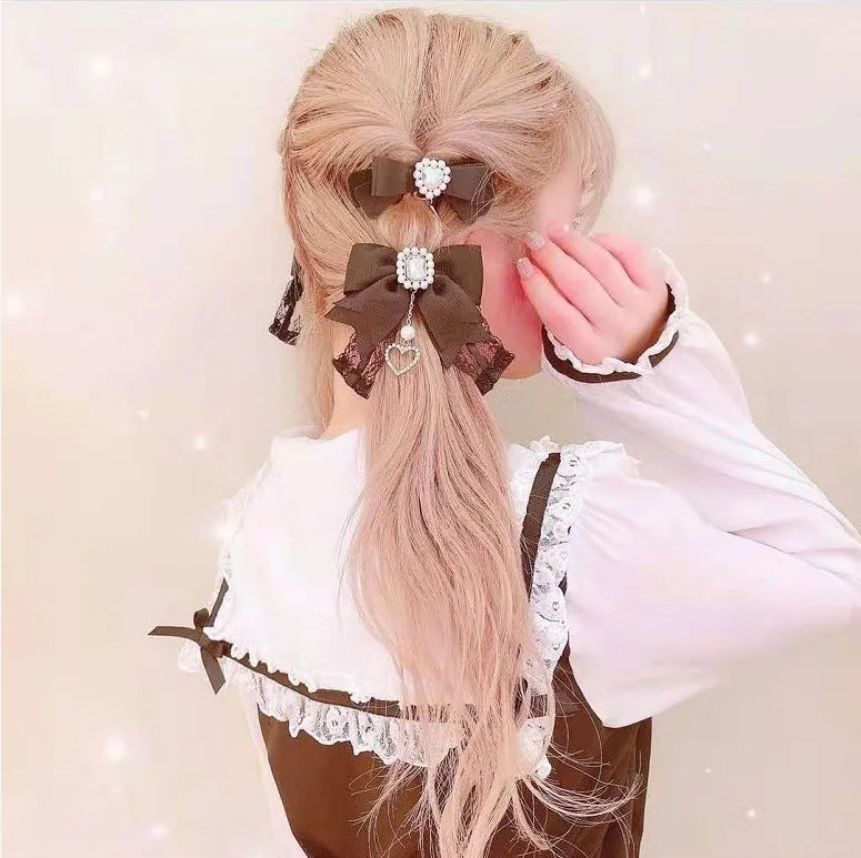 Japanese Sweet Cute Handmade Rhinestone Bow Hairpin Pearl Lace Hairclips Lolita Women Girls Side Clip Bag Pendant Handbag Charms