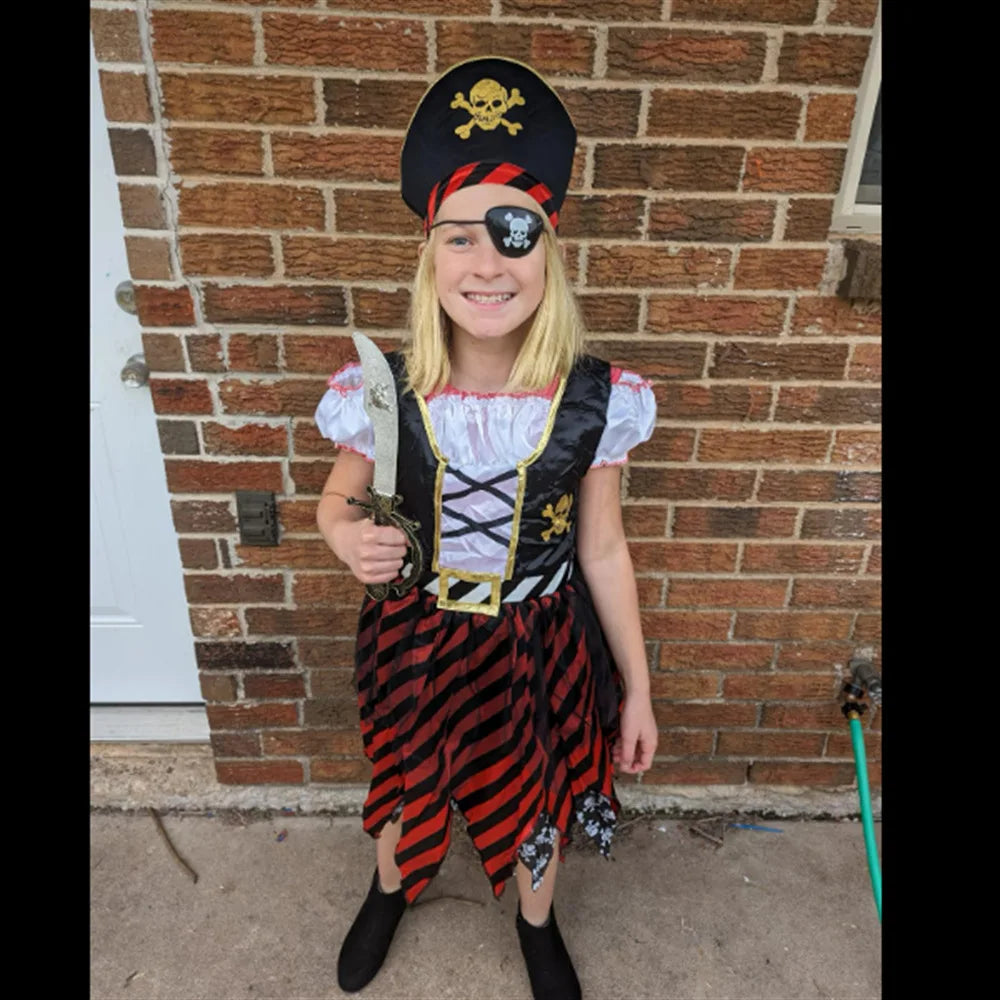 Girl Pirate Cosplay Costume Costume Halloween Pirate Jack Three-piece Suit Kids Stage Performance Clothes with Hat and Eye Mask