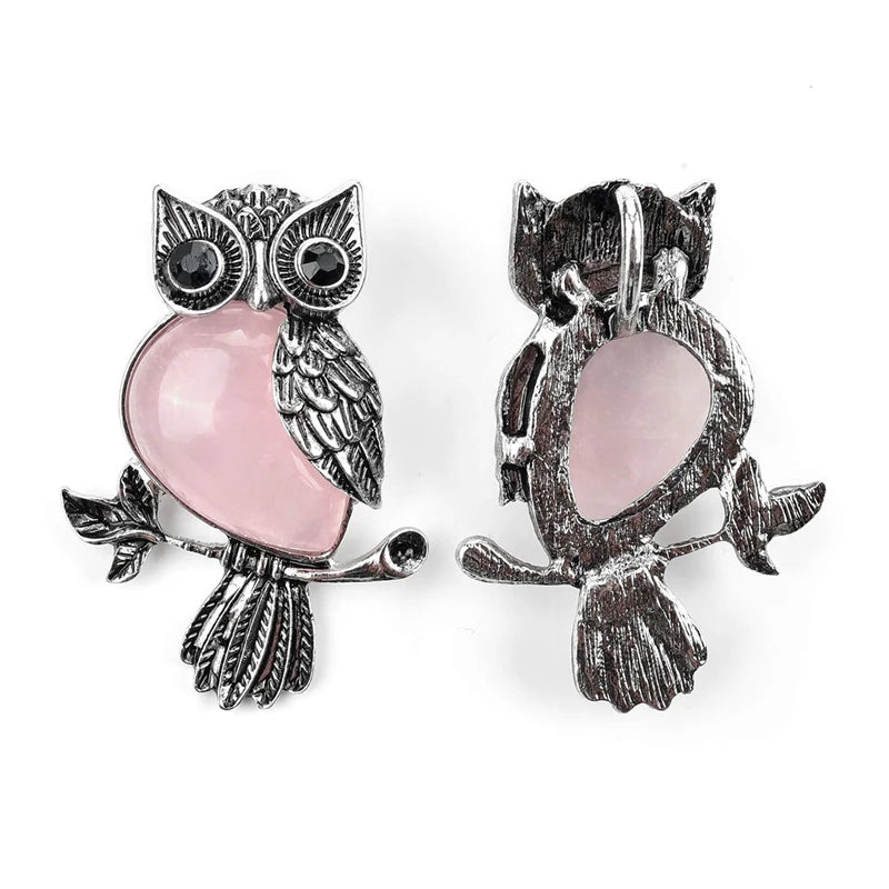 Owl Necklace Healing Crystal Stones Pendant Necklaces for Women Men Natural Amethyst Rose Quartz Gemstone Jewelry