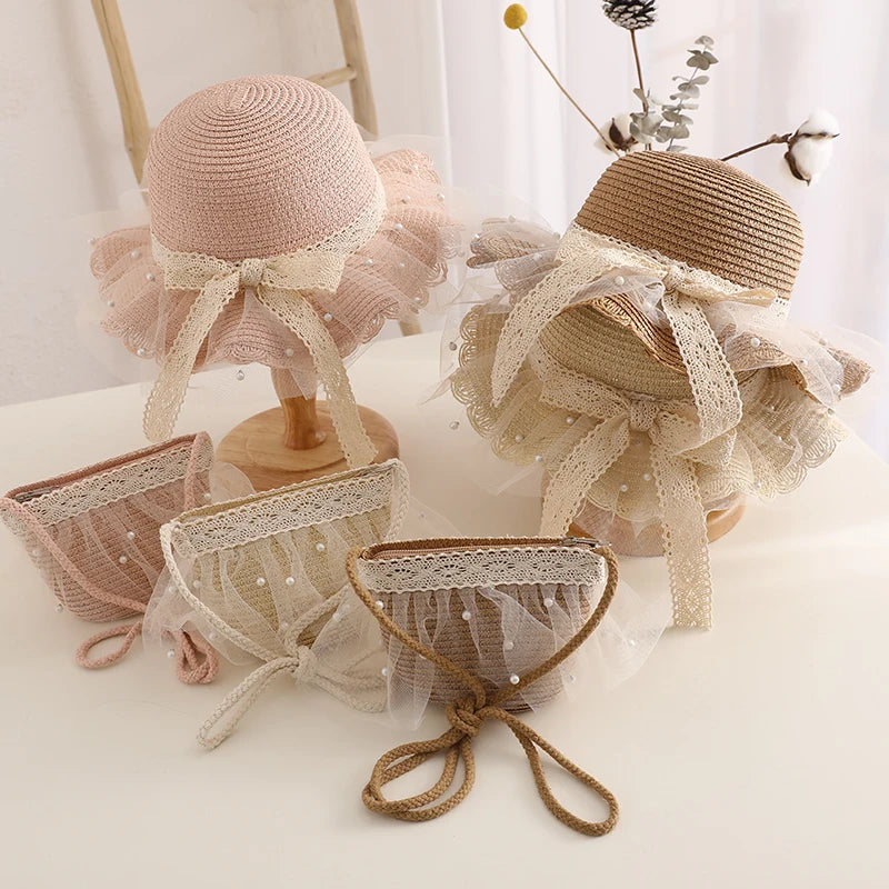 Kids Girls Wide Brim Straw Woven Cap Sun Protection Beach Hat Lace Pearl Summer Floppy Bucket Cap Portable Handbag панама