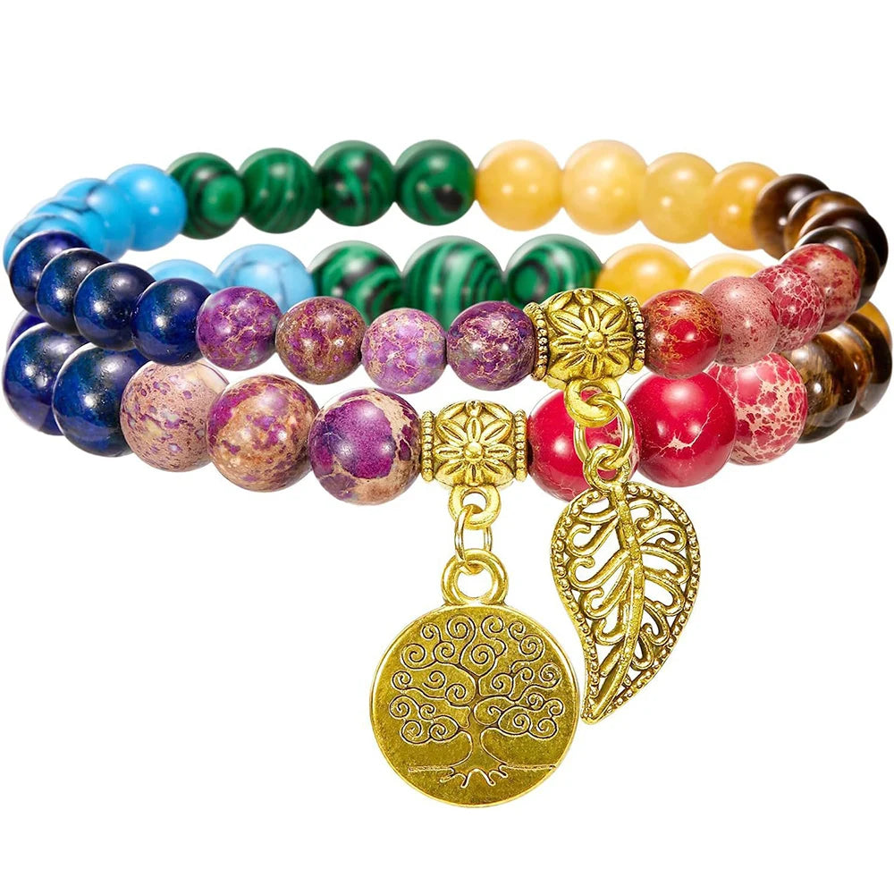 Natural Semi Precious Gemstone Beads Bracelet for Women Life Tree and Leaf Charm Energy Reiki Crystal Stretch Bracelets Jewelry
