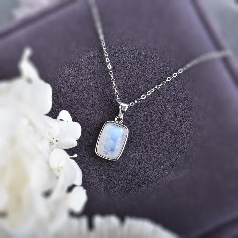 ITSMOS Natural Rainbow Moonstone Sterling Silver/Copper Pendant Necklace rectangle Energy Stone Jewelry for Women Girl Gift