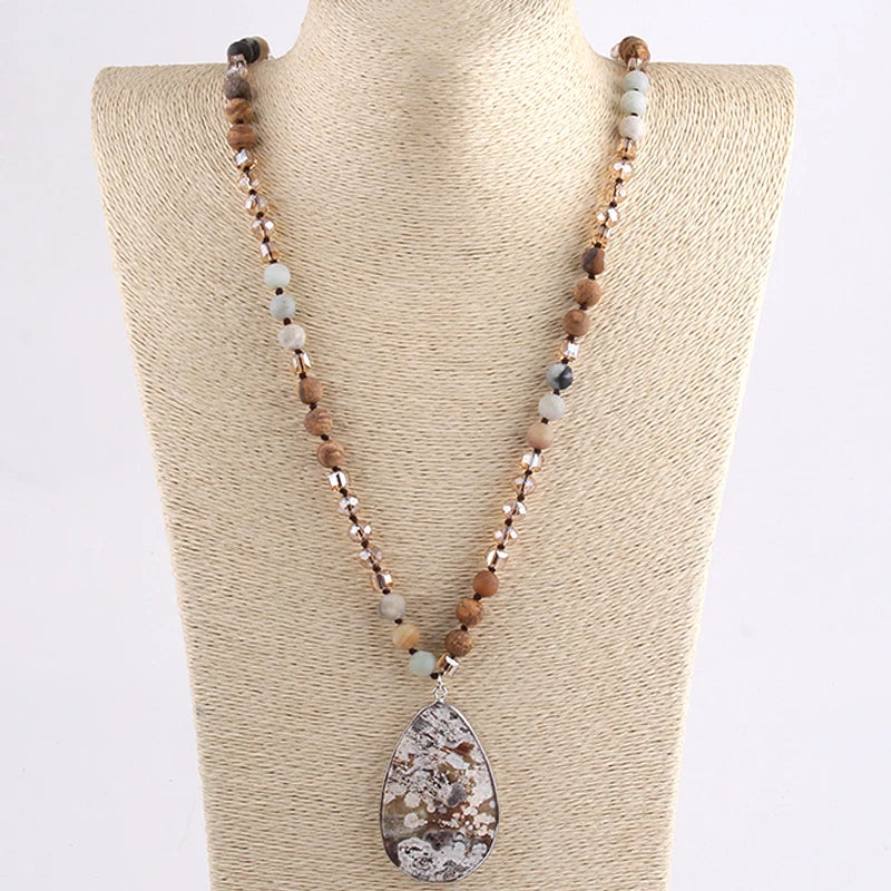 RH Fashion Beaded Necklace 8mm Natural Stone Glass Beads Knotted Pendant Necklaces For Women Bohemian Jewelry Dropship