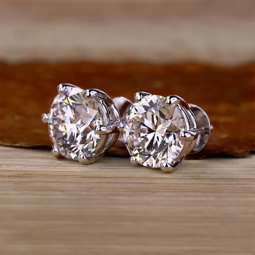 2 Carat Classic Moissanite Stud Earrings 925 Sterling Silver For Women 6-Claw D Color Sparkling Diamond Round Ear Studs with GRA