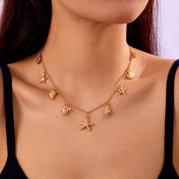 Boho Shell Turquoise Multi-layer Starfish Beaded Necklace for Women Beach Holiday Jewelry Minimalist Accessories