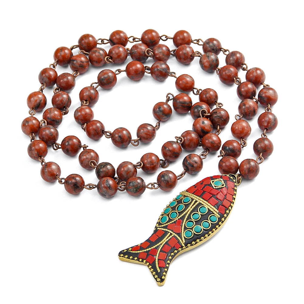 Fashion Link African Stone Ethnic Necklace Bohemian Tribal Jewelry Fish Pendant Halsband For Women Natural Stone Bead Neck